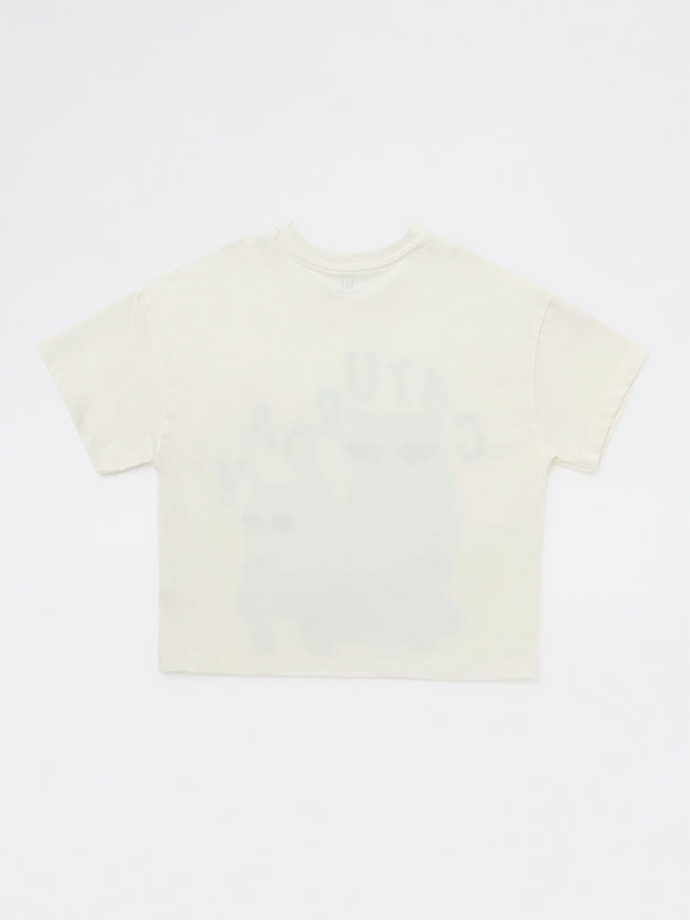 Girls White Printed Cotton T-Shirt