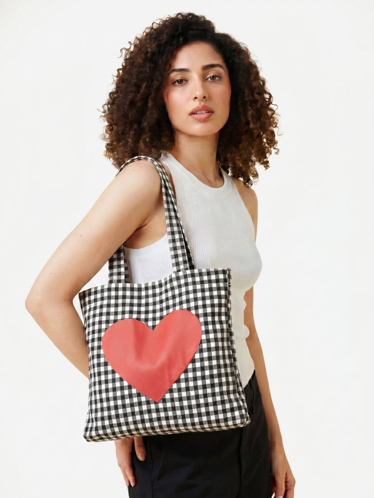 Wunderlove  Black Gingham Checkered Canvas Tote Bag