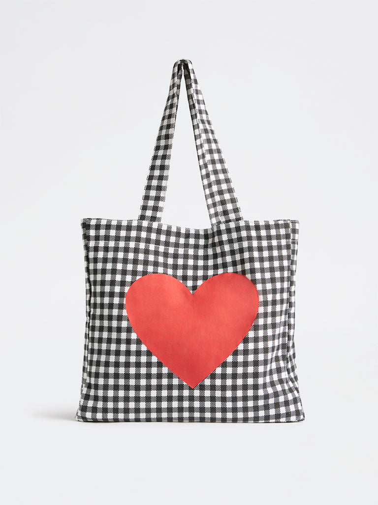 Wunderlove  Black Gingham Checkered Canvas Tote Bag