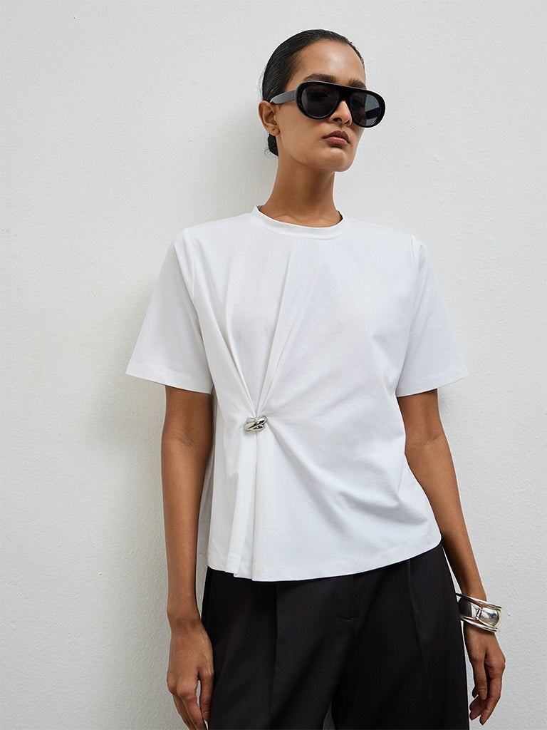Wardrobe White Solid Cotton-Blend T-Shirt