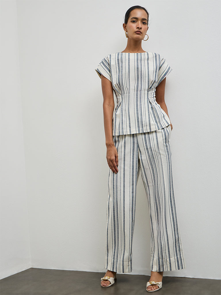 Wardrobe Ivory Striped High-Rise Cotton-Blend Trousers