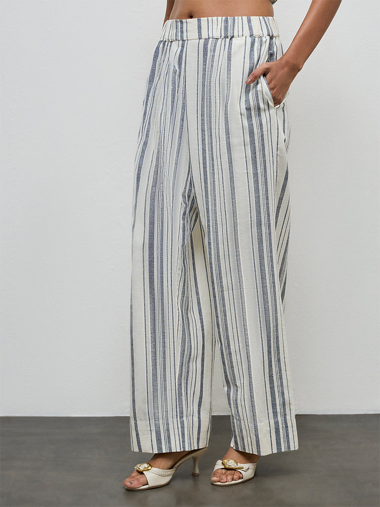 Wardrobe Ivory Striped High-Rise Cotton-Blend Trousers