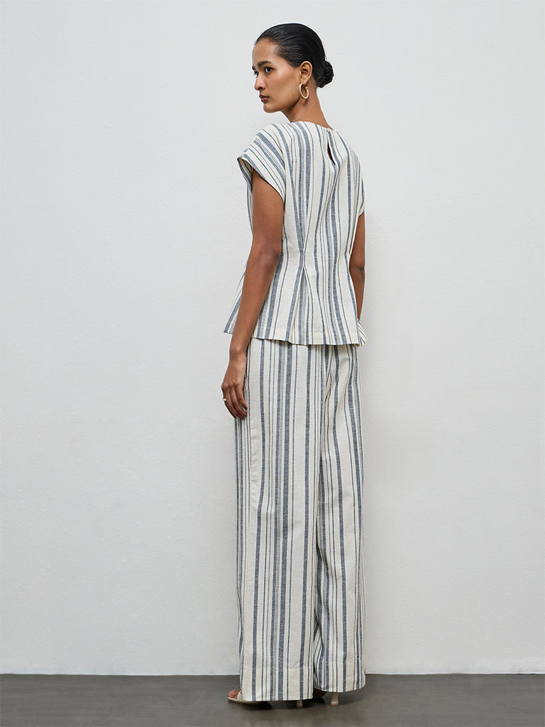 Wardrobe Ivory Striped High-Rise Cotton-Blend Trousers