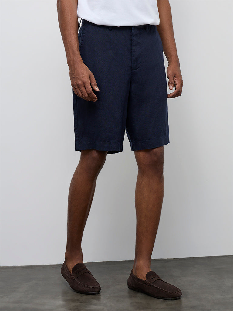 Ascot Navy Relaxed-Fit Mid-Rise Linen Shorts