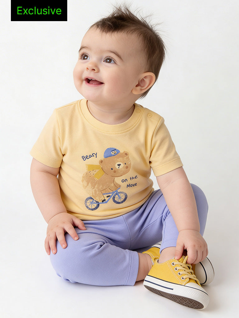 2-Piece HOP Baby Boys Yellow Bear Printed Cotton Set
