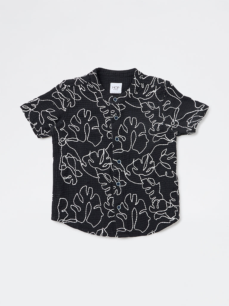 HOP Kids Boys Black Embroidered Cotton Shirt