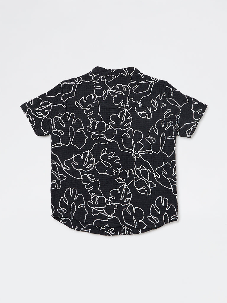 HOP Kids Boys Black Embroidered Cotton Shirt