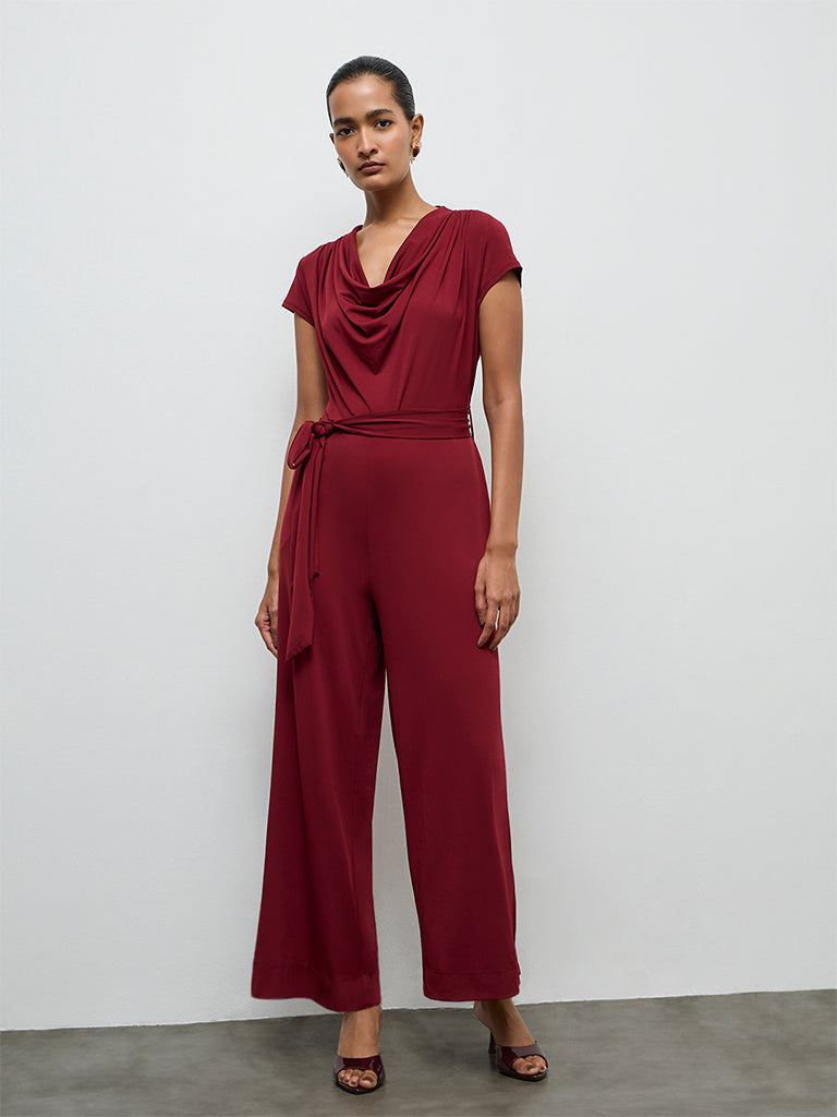 Wardrobe Maroon Cowl Neckline Jumpsuit