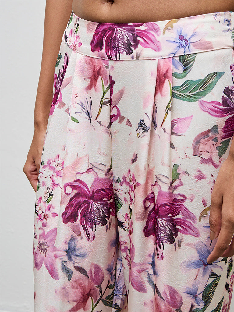 Wardrobe Pink Floral Design High-Rise Trousers