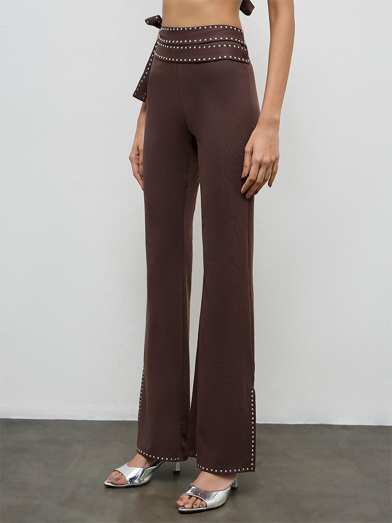 Nuon Brown Stud-Detailed High-Rise Trousers