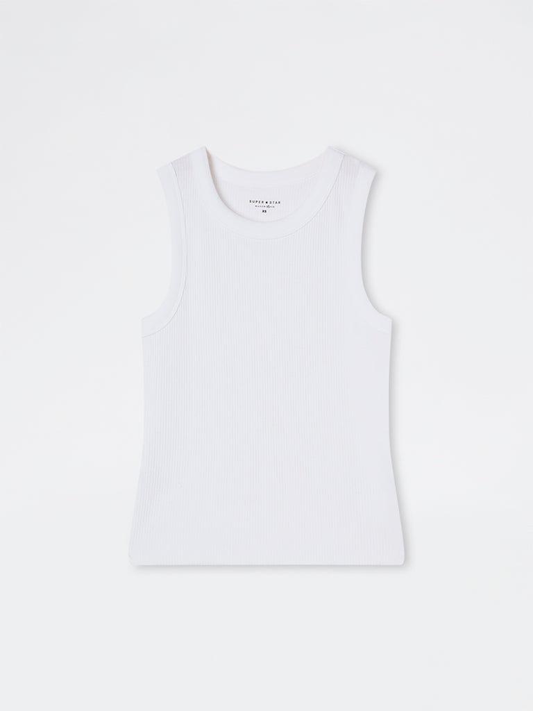 Superstar White Ribbed Cotton-Blend Tank Top