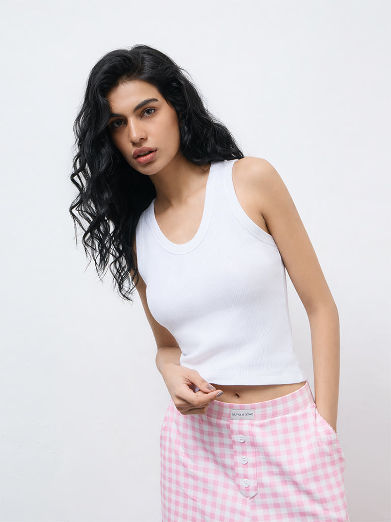 Superstar White Ribbed Cotton-Blend Tank Top