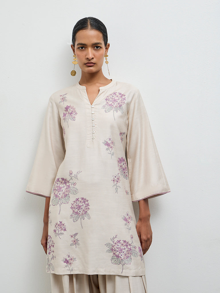 Zuba Beige Floral Pattern Straight Kurta