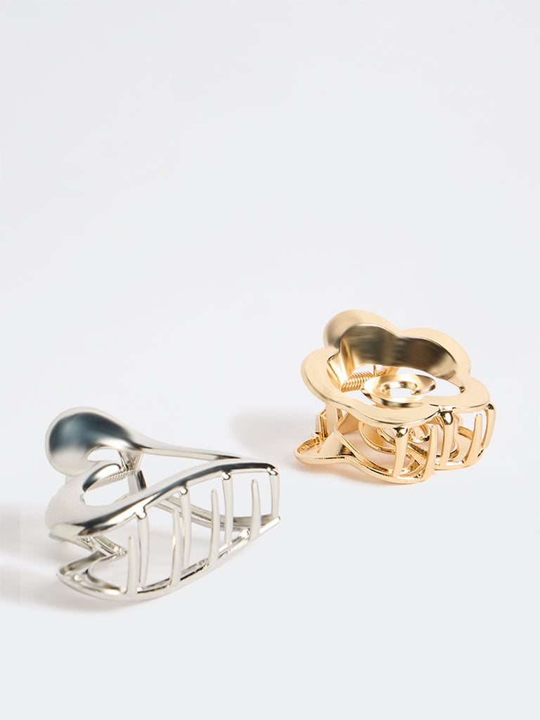 Westside Accessories Gold and Silver Metallic Floral Claw Clip - Pack of 2