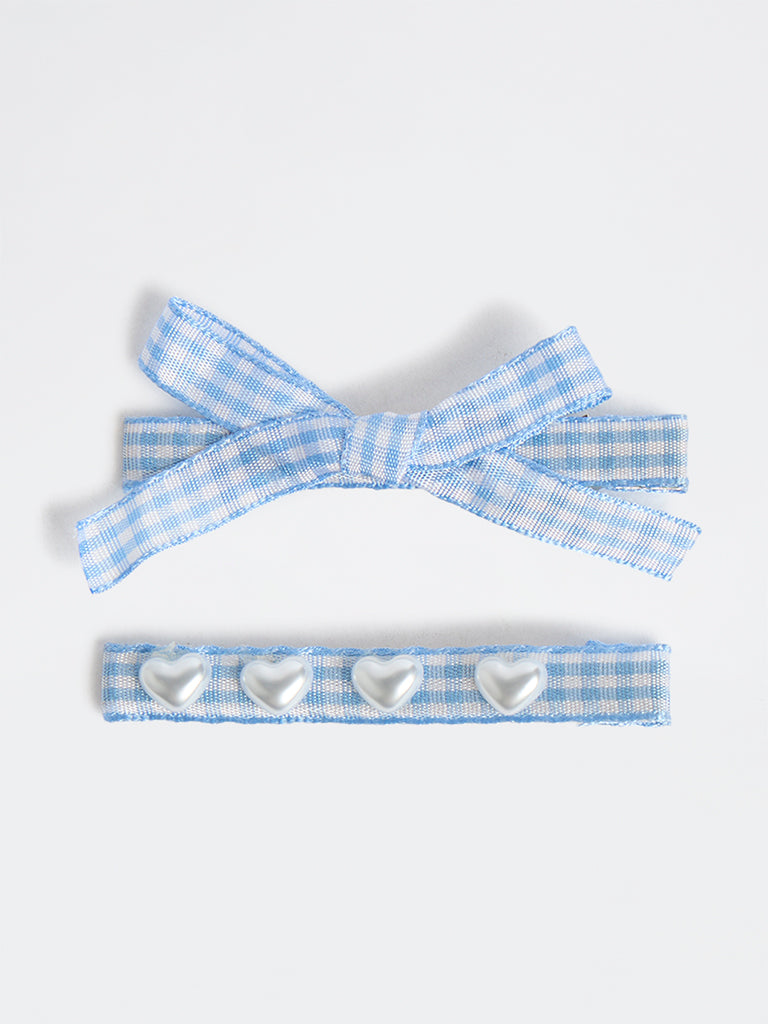 Westside Accessories Blue Gingham Checkered Bow and Pearl Clip - Pack of 2
