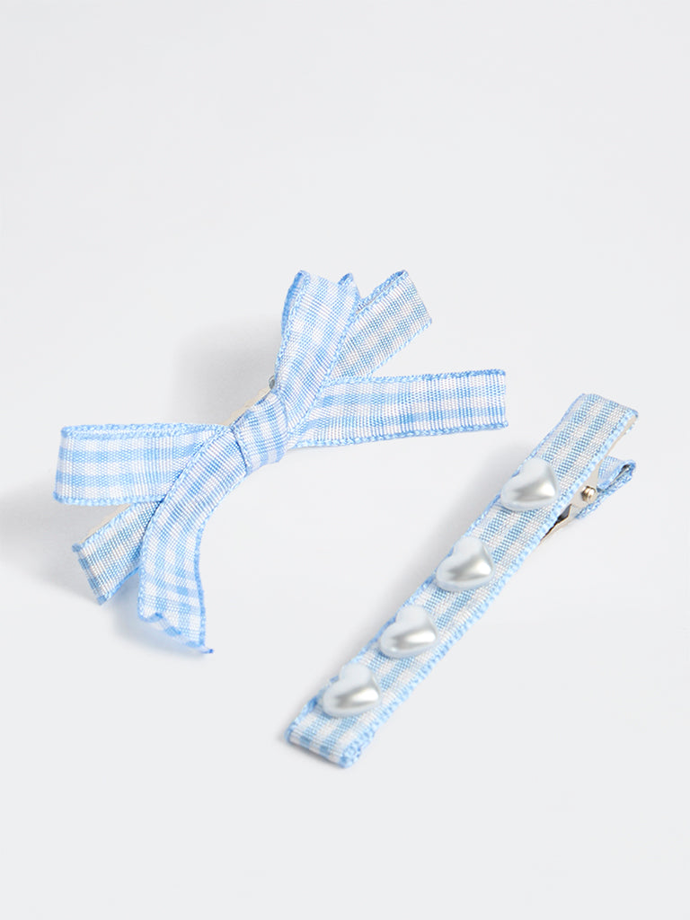 Westside Accessories Blue Gingham Checkered Bow and Pearl Clip - Pack of 2