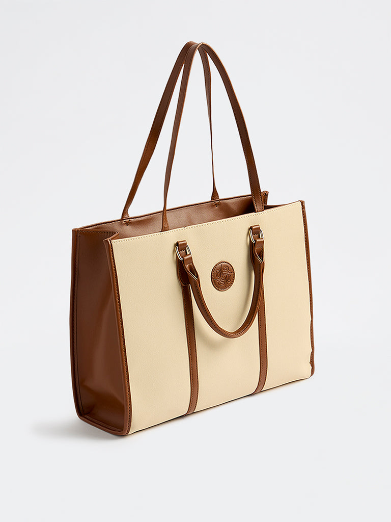 Westside Cream and Brown Laptop Tote Bag