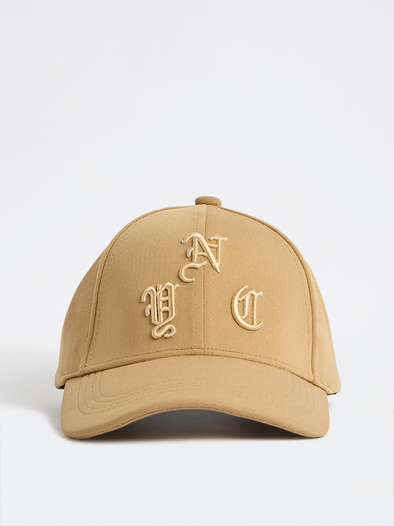 Nuon Beige Text-Embroidered Baseball Cap