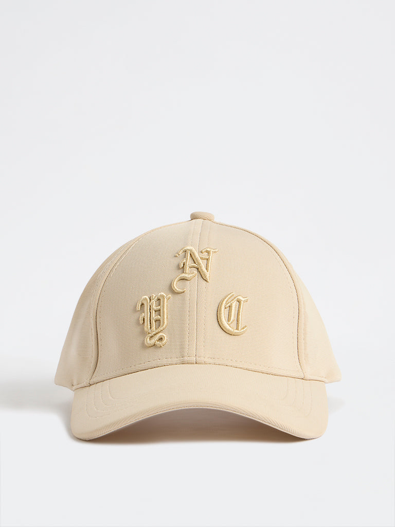 Nuon Light Beige Text-Embroidered Baseball Cap