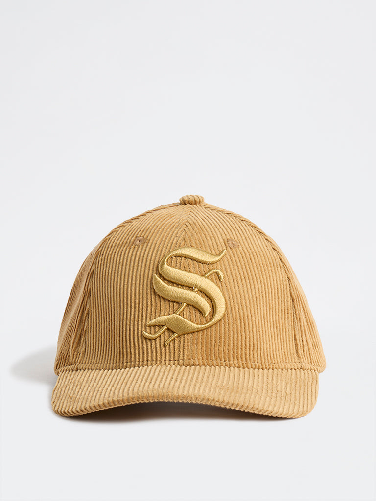 Nuon Beige Text-Embroidered Corduroy Cap