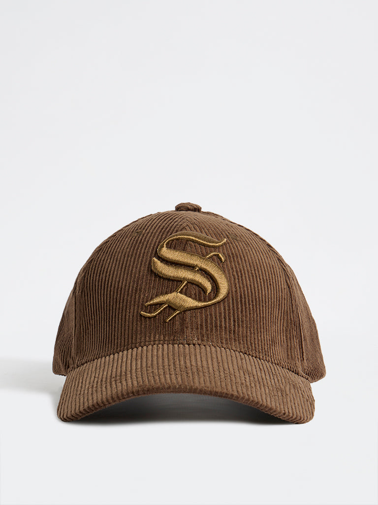 Nuon Dark Brown Text Design Corduroy Baseball Cap