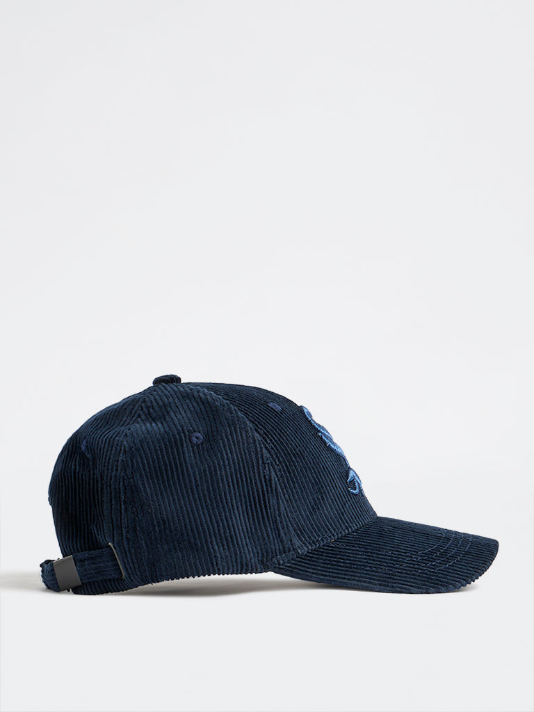 Nuon Navy Text-Embroidered Corduroy Cap
