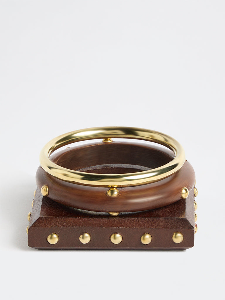 Westside Accessories Brown Wood and Metal Bangles - Pack of 3