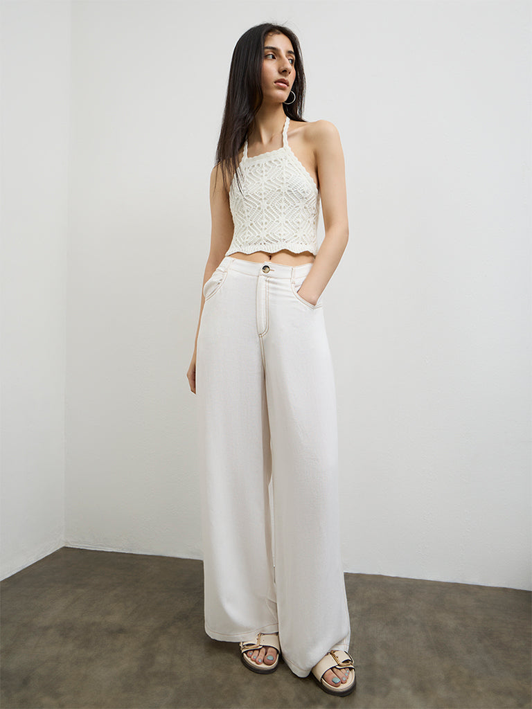 Nuon White Crochet-Knit Top