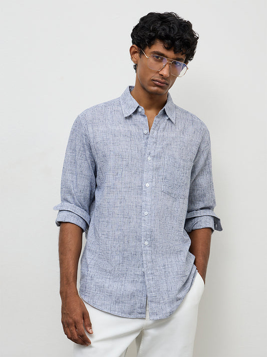 WES Casuals Navy Checks-Textured Relaxed-Fit Cotton-Blend Shirt