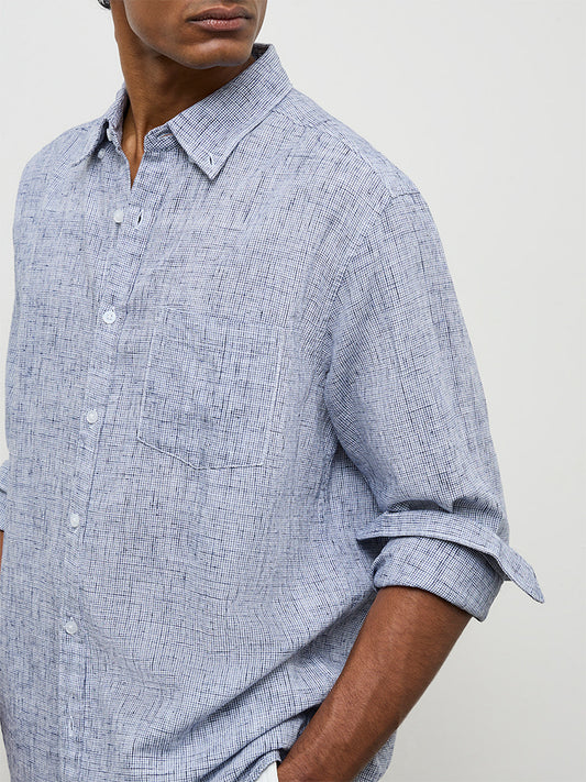 WES Casuals Navy Checks-Textured Relaxed-Fit Cotton-Blend Shirt