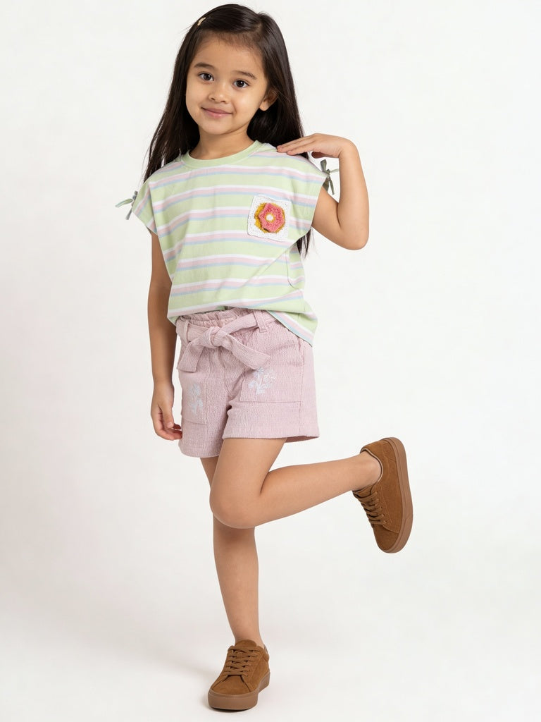 HOP Kids Girls Pink Floral Embroidered Cotton Shorts with Tie-Belt