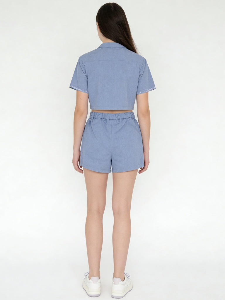 Girls Blue Denim Shirt and Shorts Set