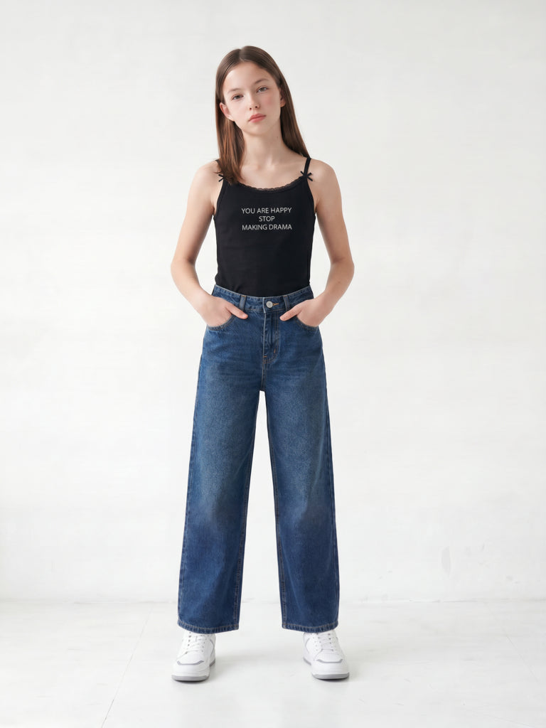 Girls Dark Blue Washed Mid-Rise Jeans
