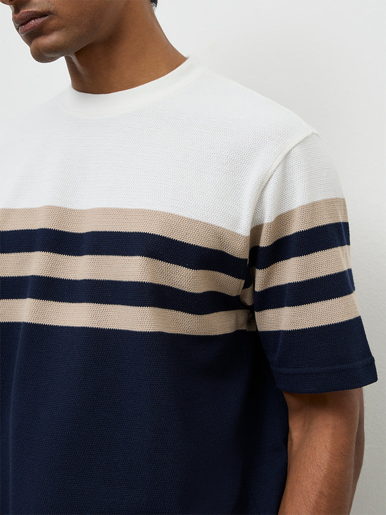 WES Lounge Navy Striped Relaxed-Fit Cotton T-Shirt