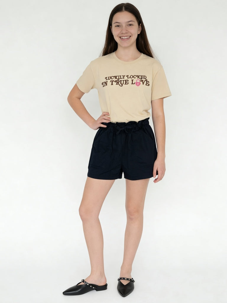 Girls Black Paperbag Cotton Shorts