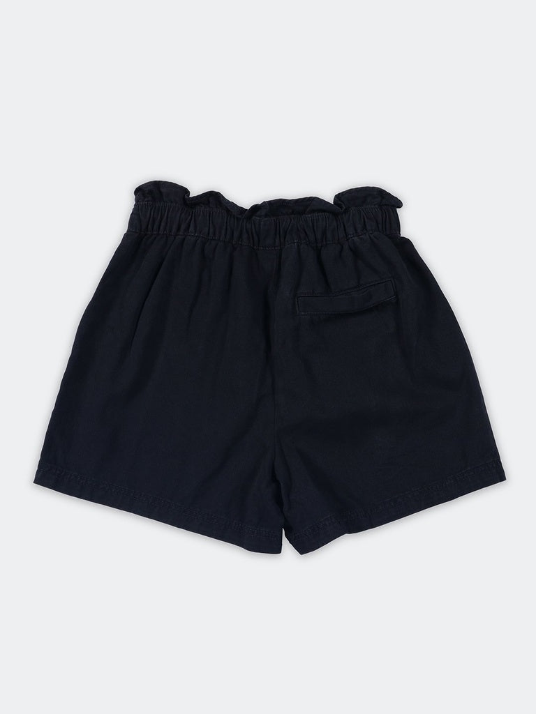 Girls Black Paperbag Cotton Shorts