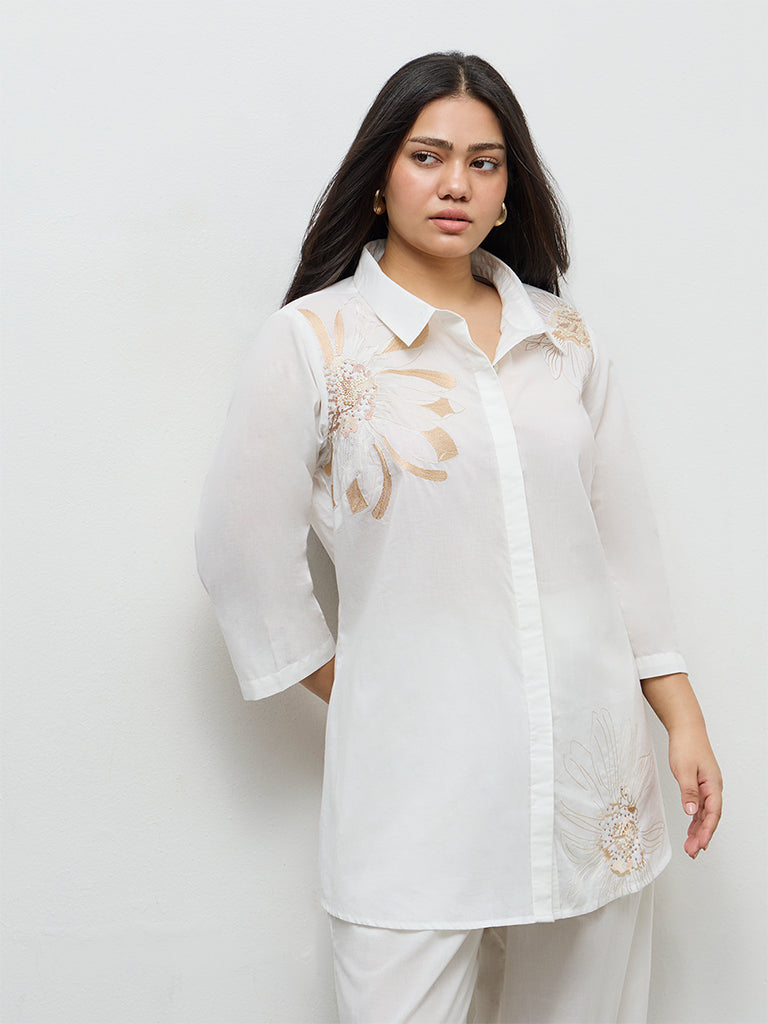 Diza White Floral Embroidered Cotton Tunic