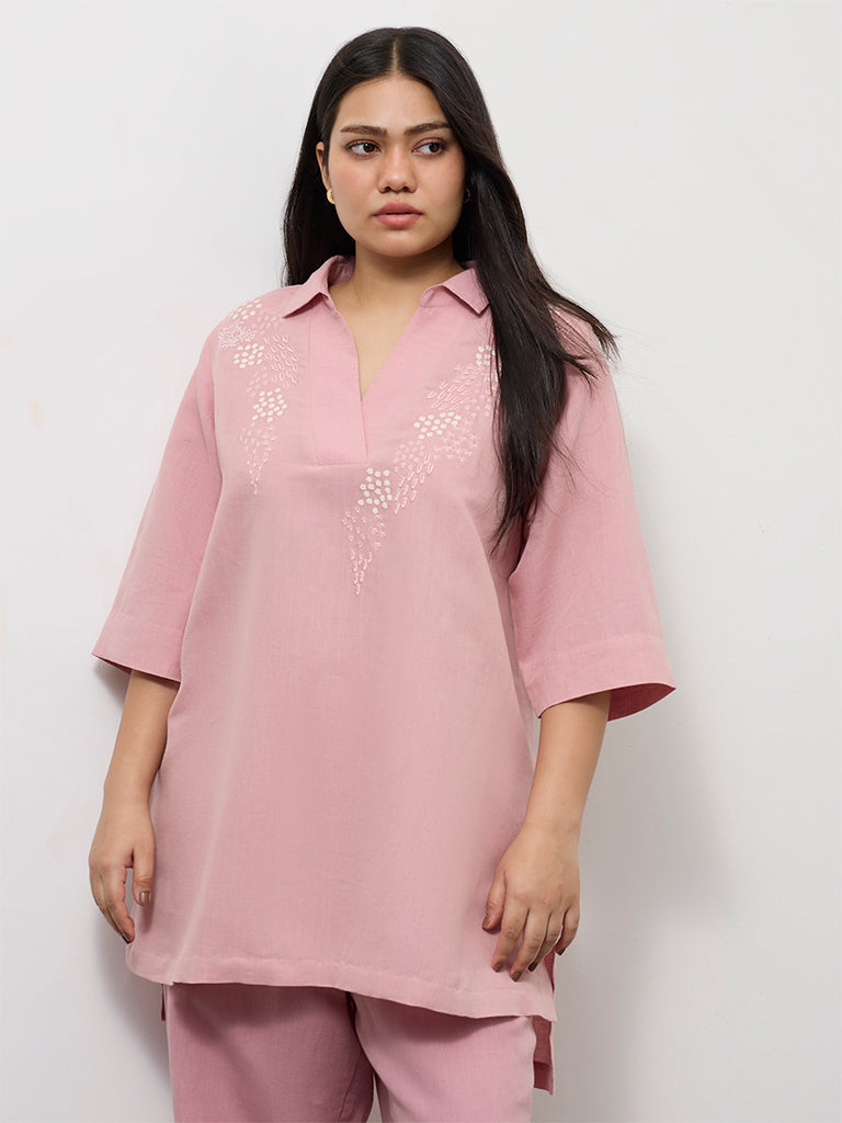 Diza Pink Floral Embroidered High-Low Linen-Blend Tunic
