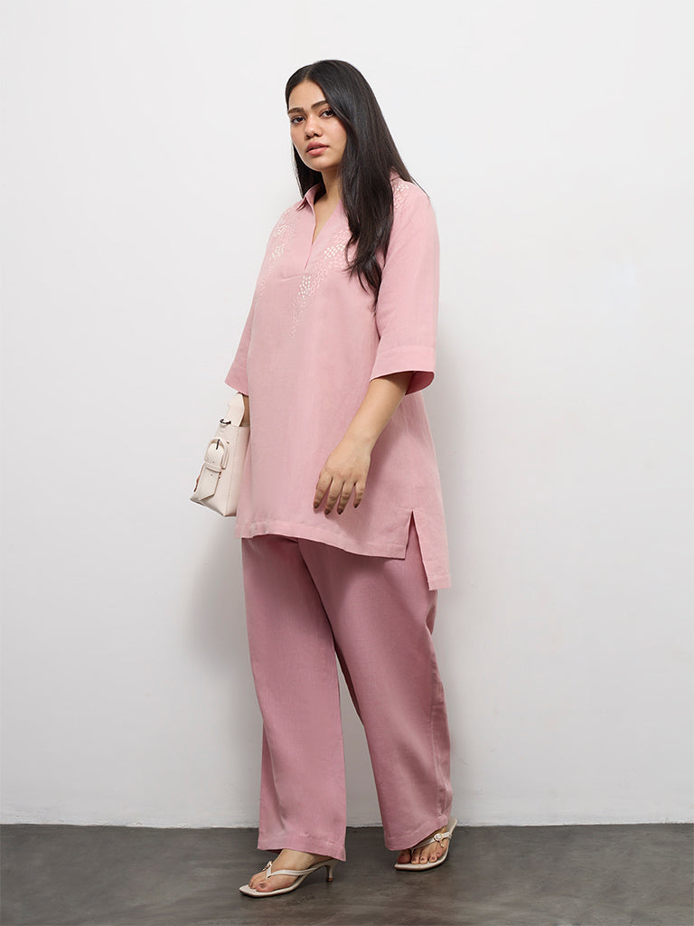 Diza Pink Floral Embroidered High-Low Linen-Blend Tunic