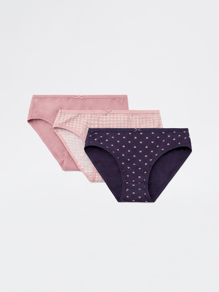 Wunderlove 3-Pack Checkered Printed Cotton-Blend Hi-Leg Briefs