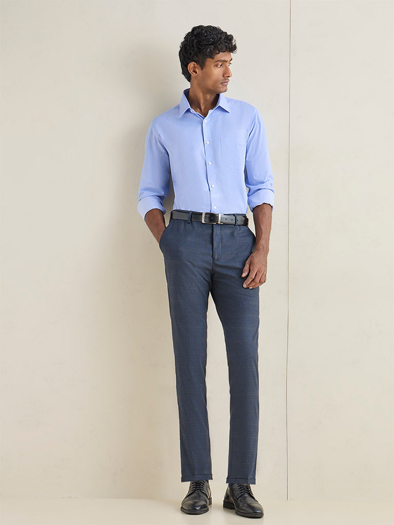 WES Formals Navy Plaid Checkered Slim-Fit Mid-Rise Trousers