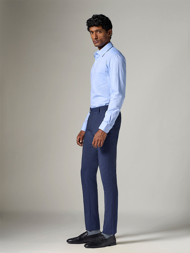 WES Formals  Navy  Slim-Fit Mid-Rise Trousers