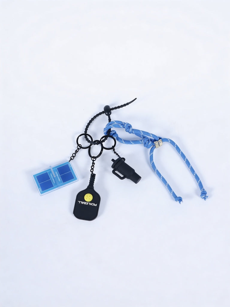 Blue And Black Pickleball Motif Corded Multi-Charm Accessory