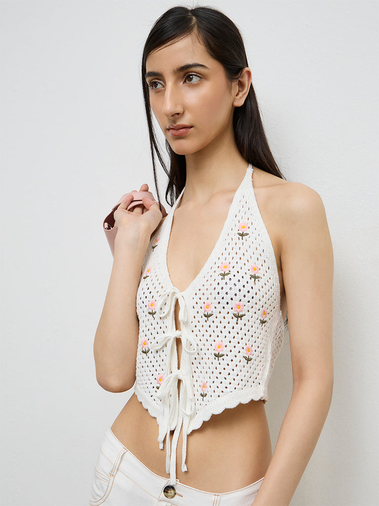 Nuon Off-White Floral Embroidered Crochet Top