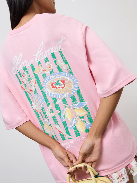 Nuon Pink Printed Oversized Cotton T-Shirt
