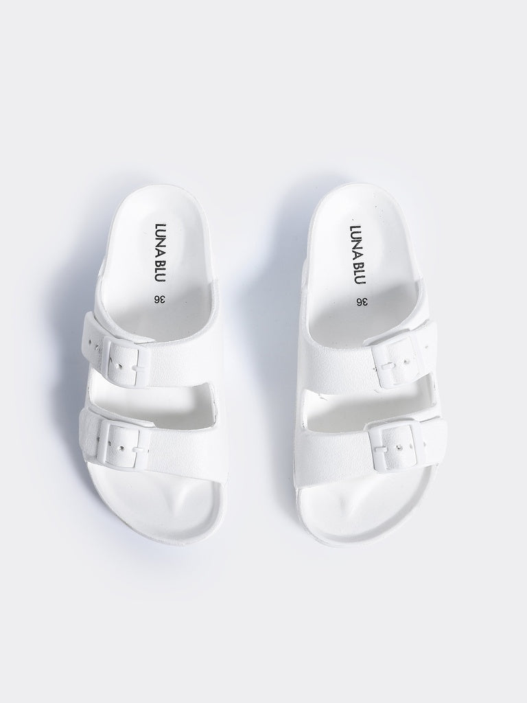LUNA BLU White Double Buckle Slip-On Sandals