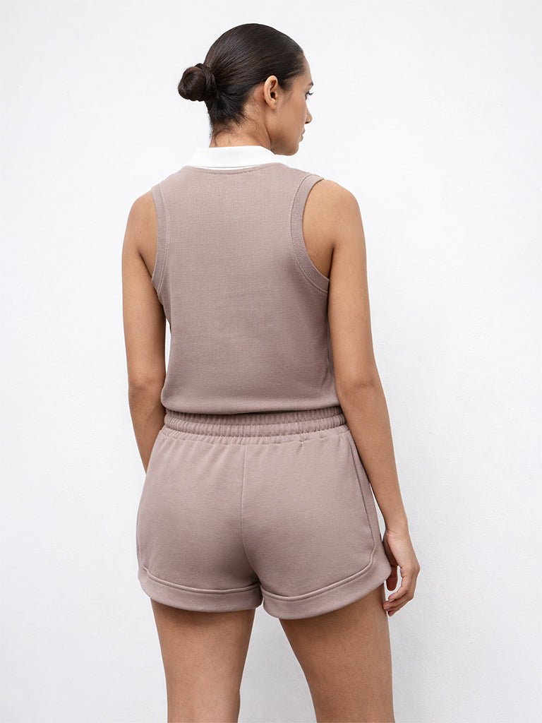 Nuoflexx Taupe Ribbed Cotton-Blend Top