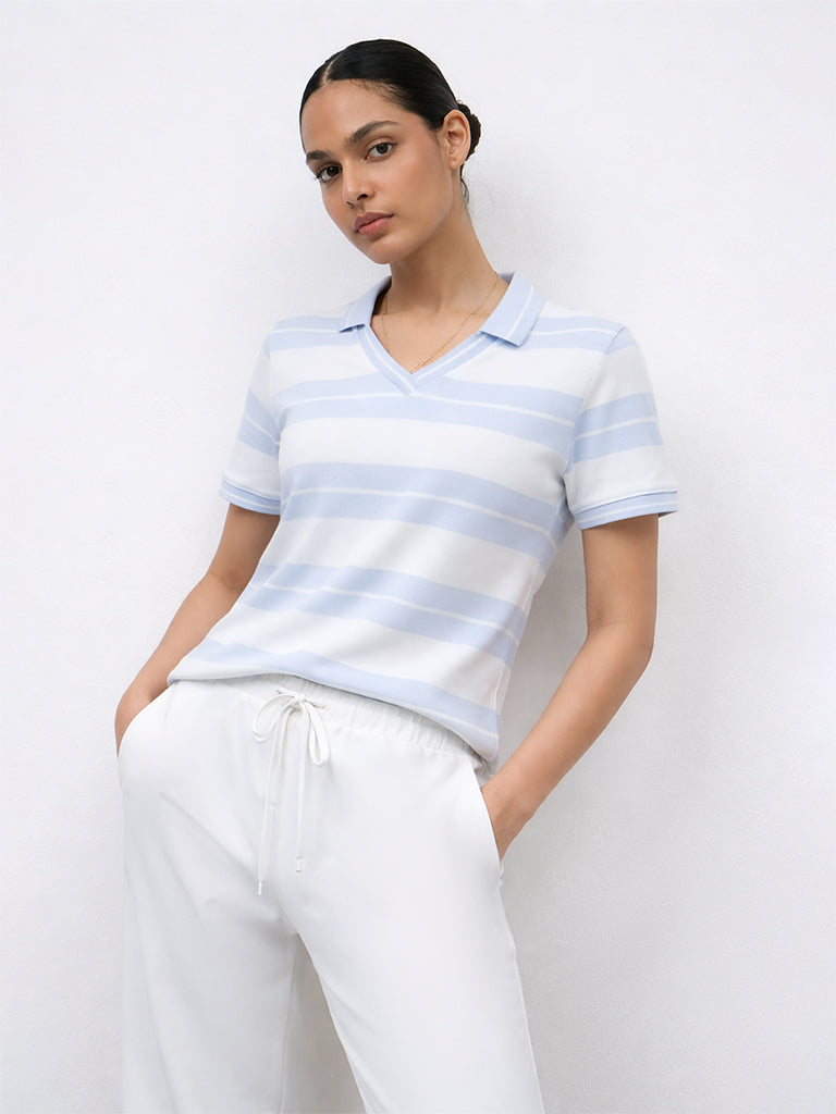 Nuoflexx Light Blue Striped Cotton T-Shirt