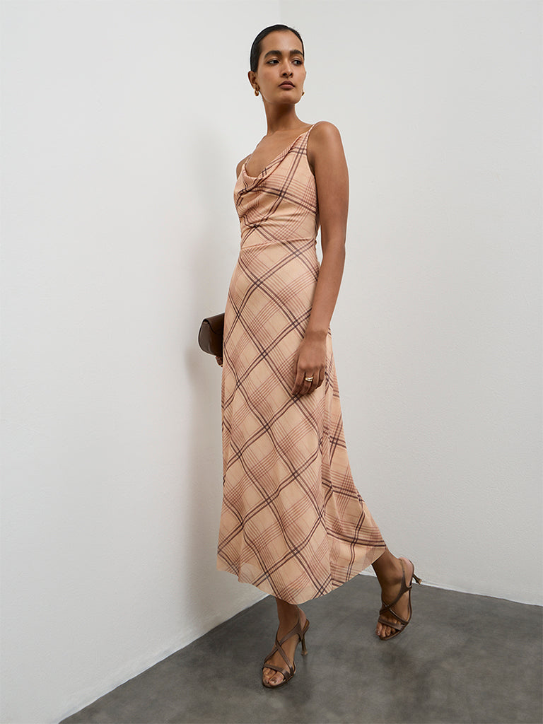 Wardrobe Beige Checks Design A Line Dress