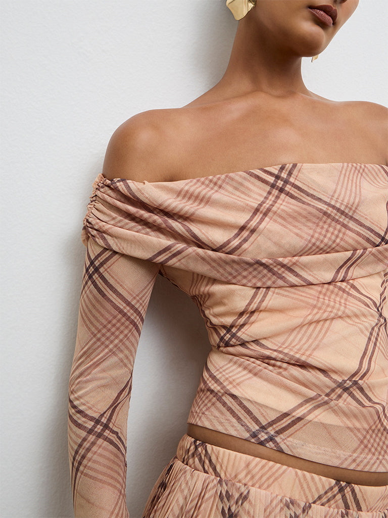 Wardrobe Beige Checks Pattern Off-Shoulder Top